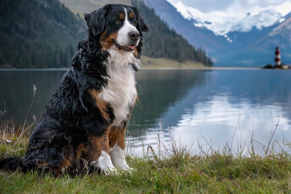 A Bernese Mountain Dog sitting in front of a mountain and lake and looking off into the distance.