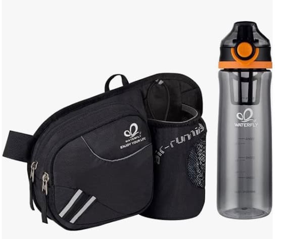 A black hiking waist bag featuring a water bottle holder, 2 pockets and a gray water bottle.