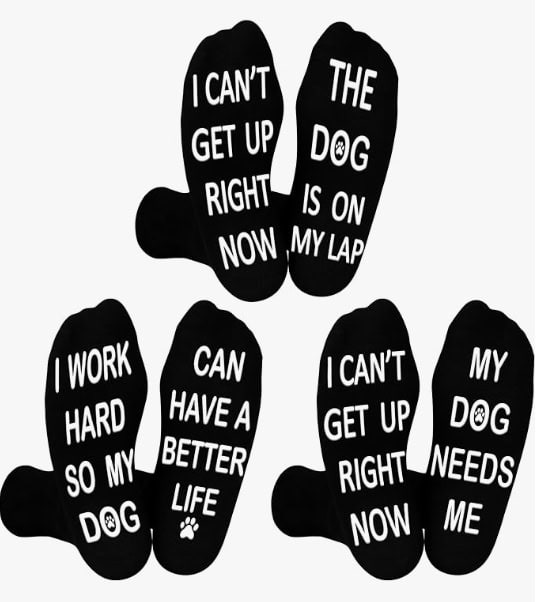 3 pairs of black socks with various funny sayings about dogs on the bottom of each foot.