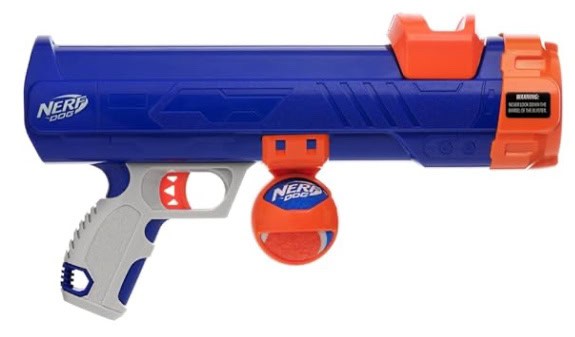 A blue Nerf gun with an orange Nerf tennis ball made for dogs and perfect for a Father's Day gift.