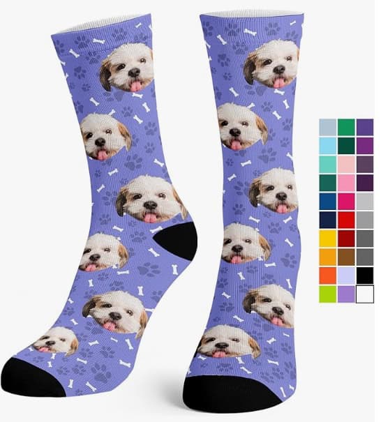 A purple pair of socks with images of a white dog all over them and a color chart on the right.