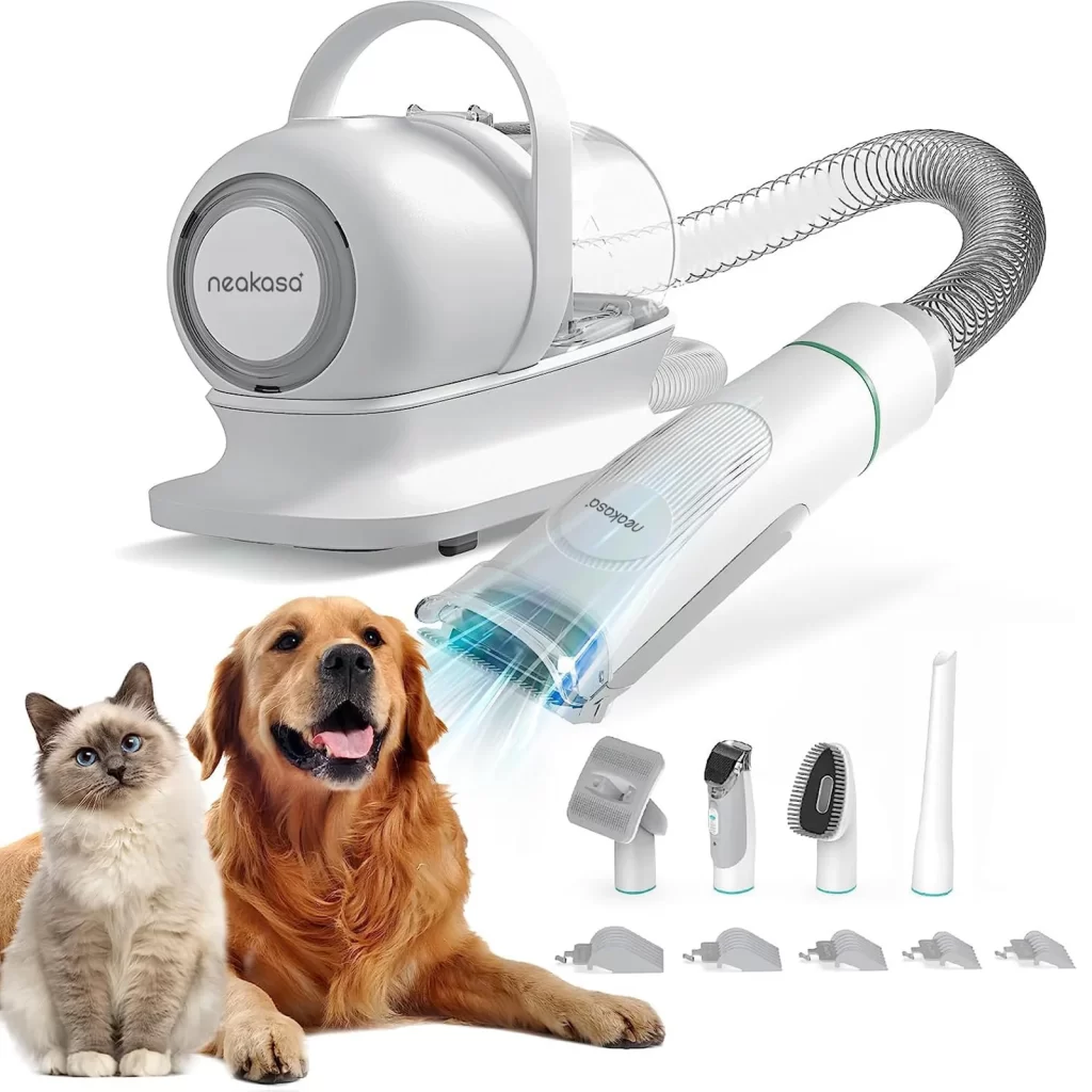 The Neakasa P1 Pro Pet Grooming Vacuum System with a Golden Retriever and a cat.