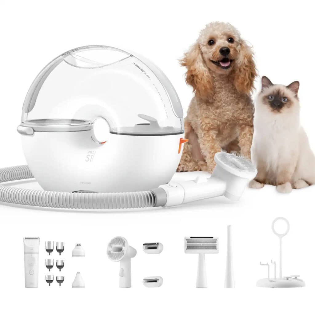 Neakasa S1 Pro Pet Grooming Vacuum System with a dog and cat.