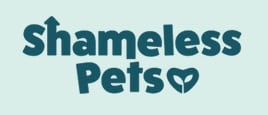 A light aqua graphic logo that says "Shameless Pets" with a heart in dark teal.